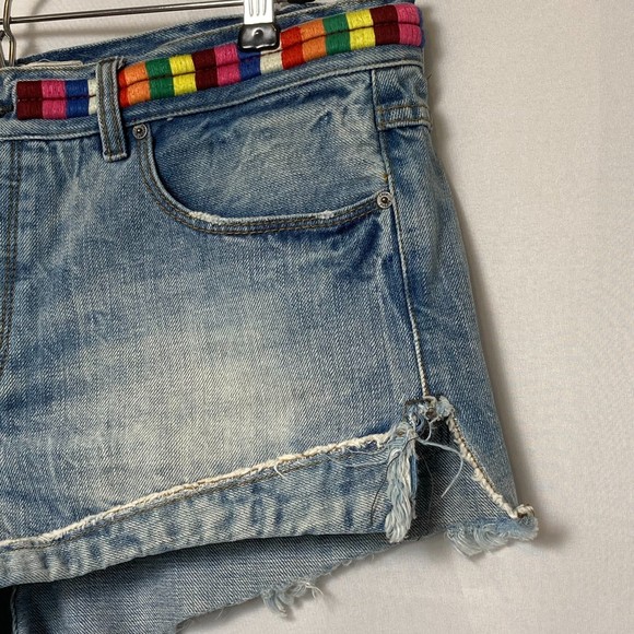 FREE PEOPLE Jean Shorts High Rise Cut Off Multi Colored Waist Detail Shorts - Picture 6 of 7